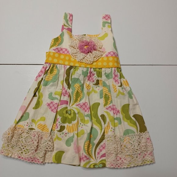 Peaches Uniforms Other - Peaches 'N Cream Girls 5 Dress BYellow Floral Lace Button Bow Tie 100% Cotton